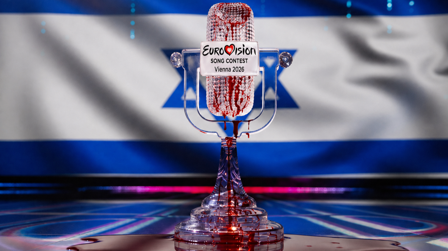 Grafika ilustracyjna, zakrwawiony mikrofon Eurowizji na tle flagi Izraela, bojkot Eurowizji przez Izrael i ludobójstwo w Gazie