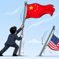 Chińska modernizacja symbolicznie pokazana przez flagę Chin górującą nad flagą USA
