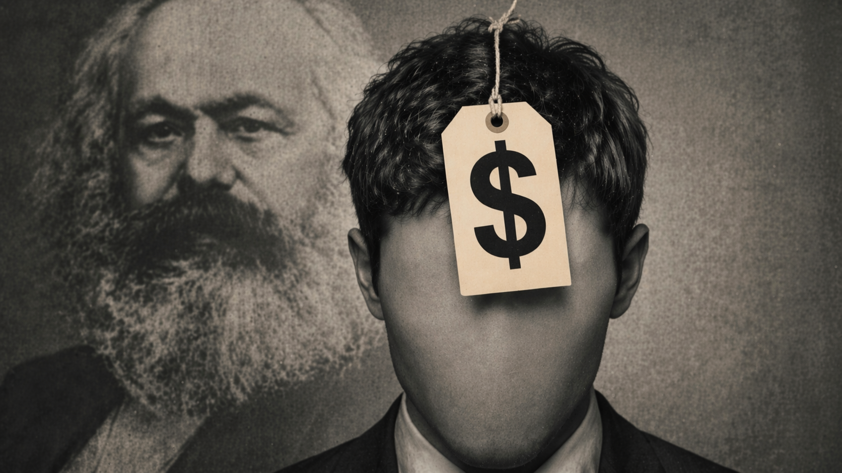 Człowiek jako towar – anonimowa postać z metką dolara na tle Karola Marksa