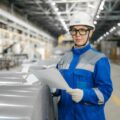 Darmowe staże a młoda pracownica w kasku trzymająca dokumenty w hali produkcyjnej