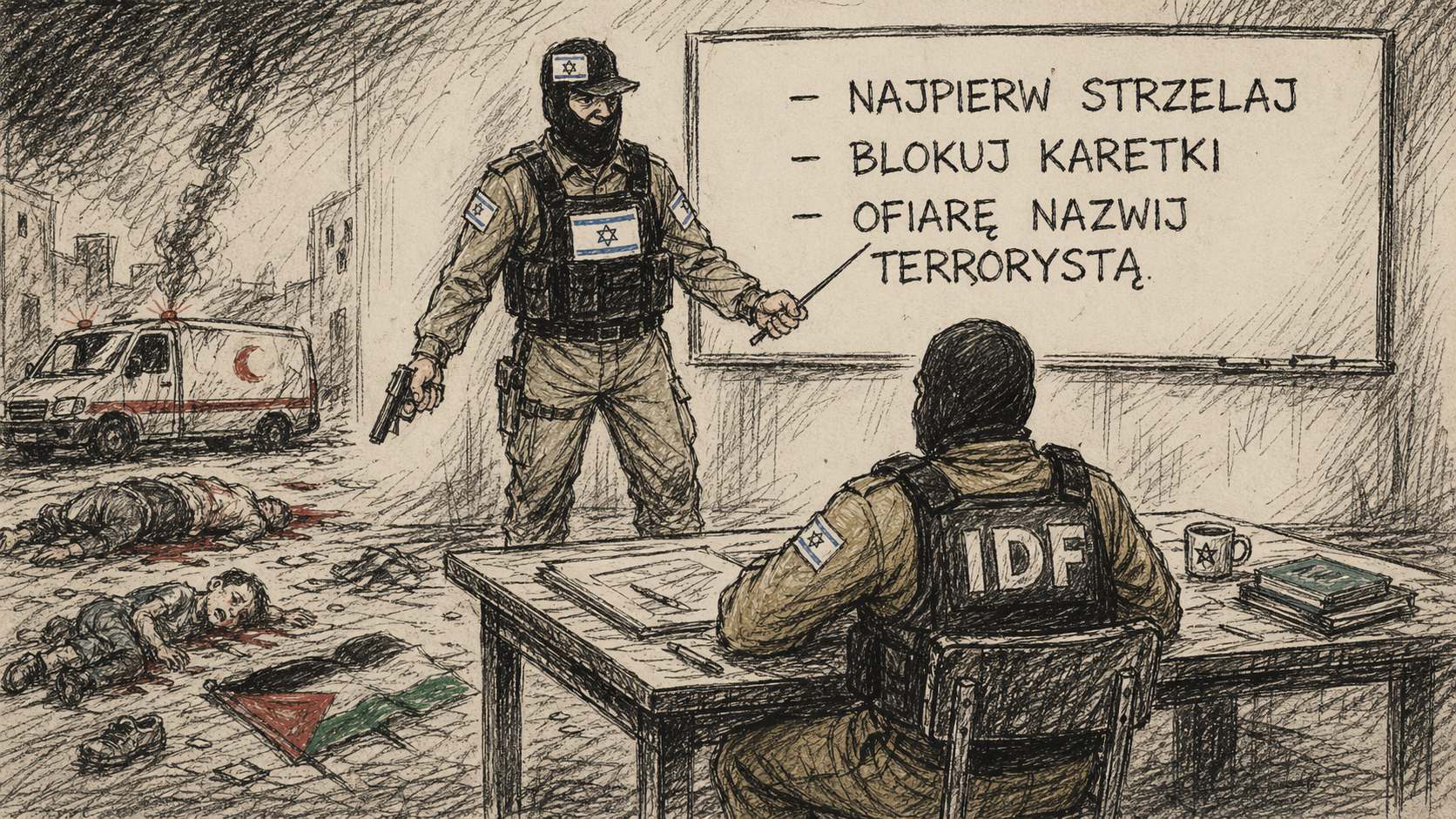 Karykaturalna grafika 16:9 przedstawiająca żołnierza IDF przy tablicy i siedzącego funkcjonariusza z napisem IDF na tle sceny przemocy
