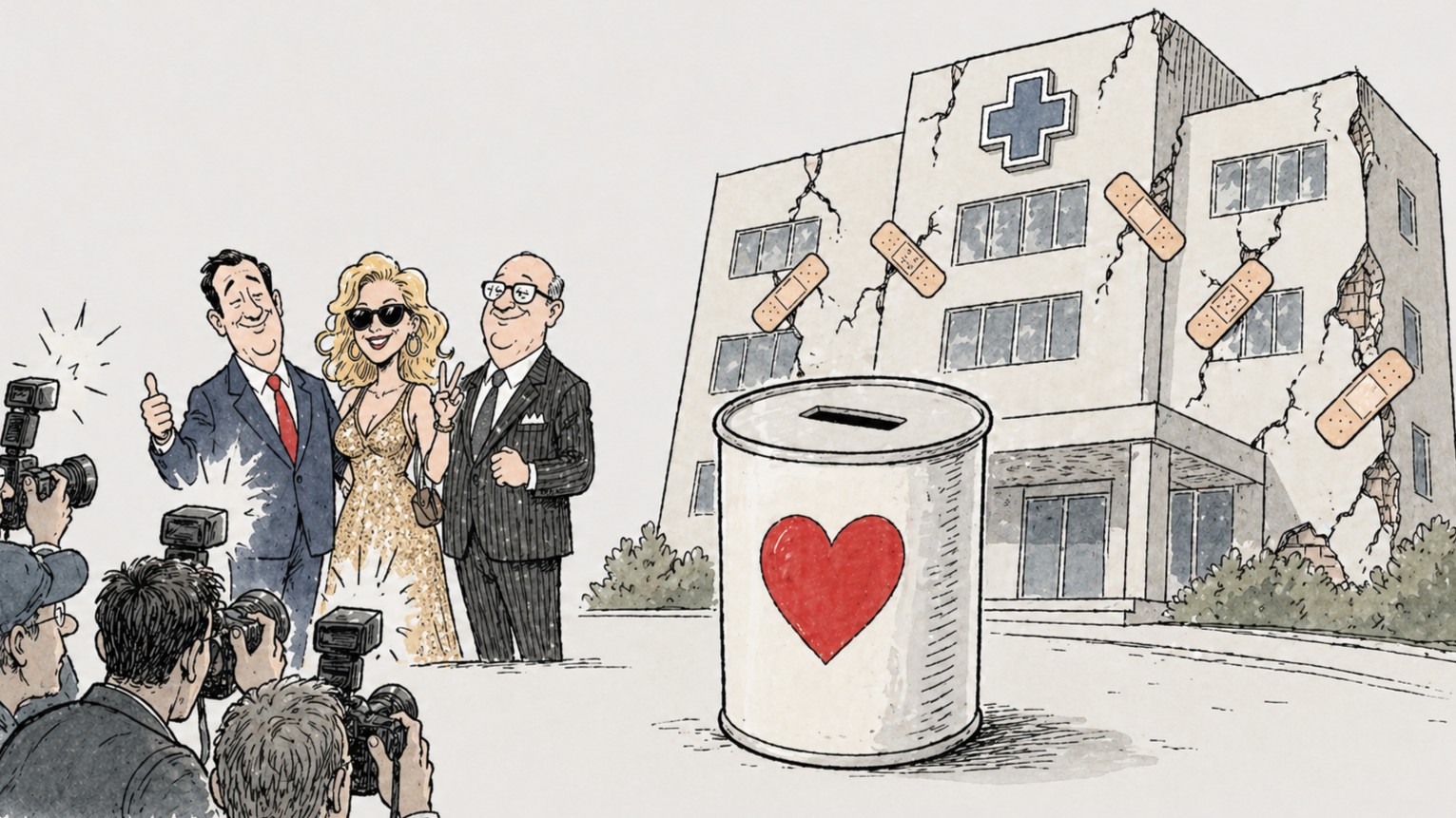 Mit pomagania pokazany jako puszka z sercem przed popękanym szpitalem łatanym plastrami