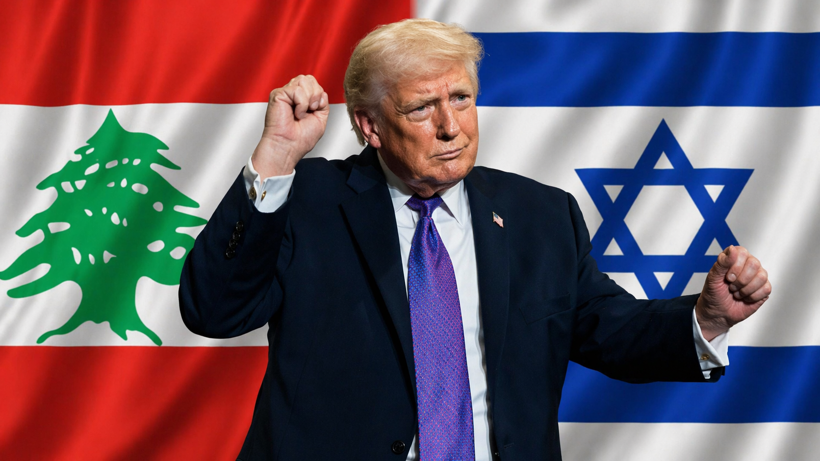 Rozmowa Izrael Liban – Donald Trump na tle flag Izraela i Libanu