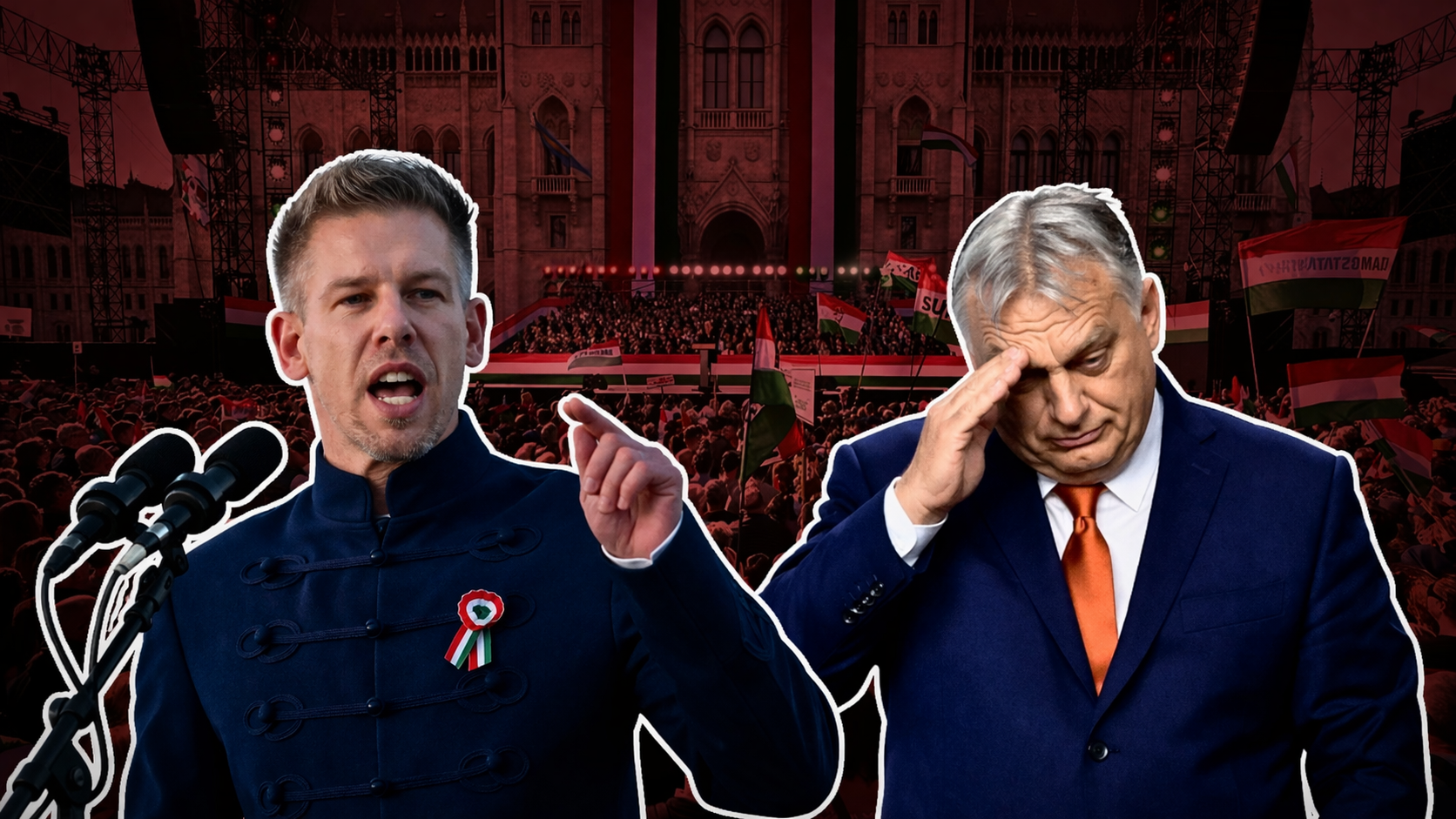 Péter Magyar i Viktor Orbán na tle tłumu przed parlamentem w Budapeszcie podczas kampanii wyborczej na Węgrzech